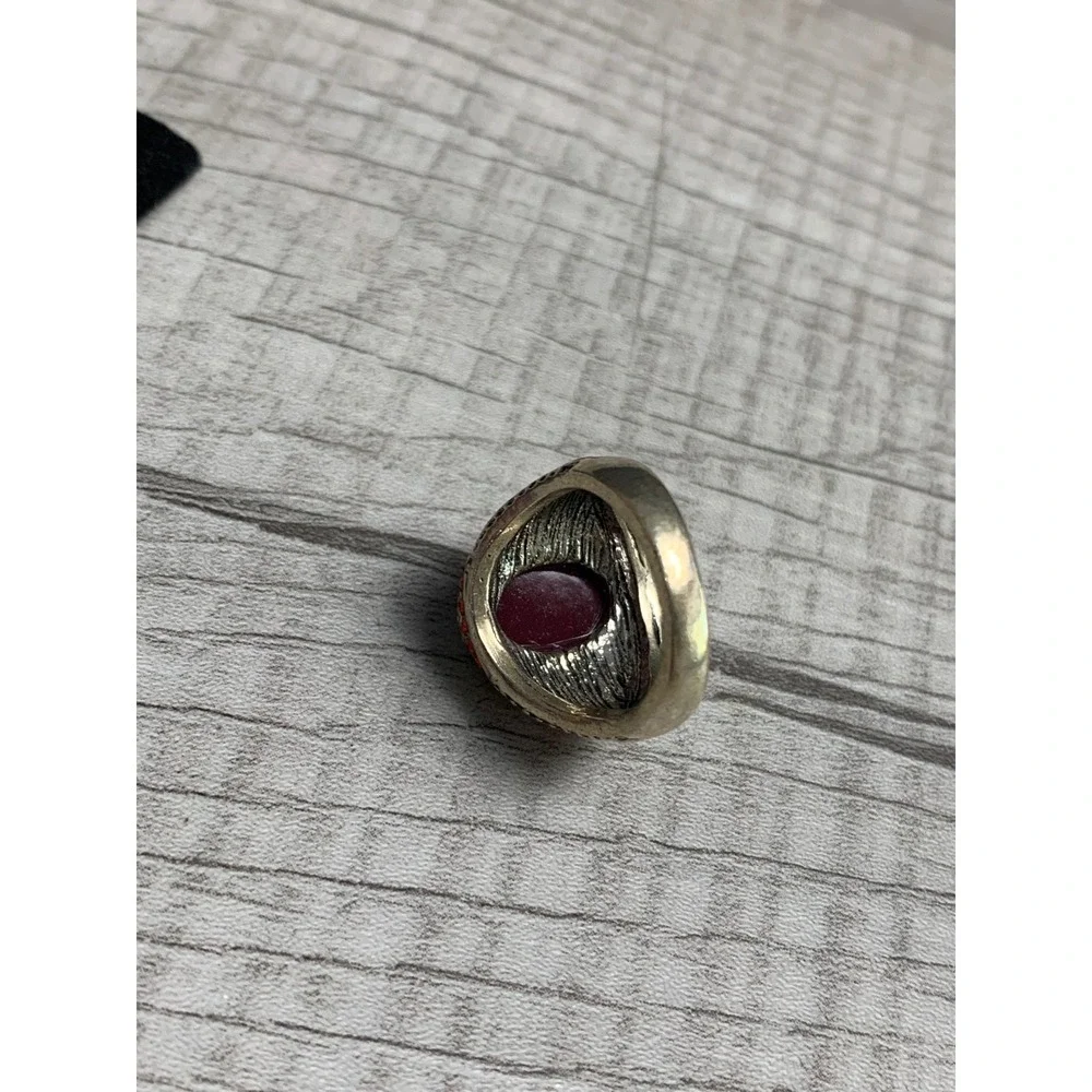 Ornate Red Gold Tone Rhinestone Filigree Cocktail Ring Size 6.25 Boho Statement